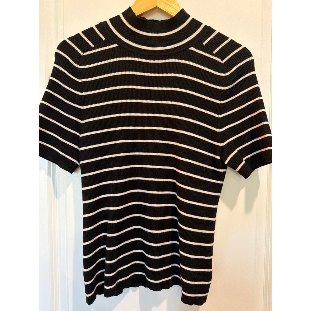Free Assembly Black White Striped Mock Neck Short Sleeve Ribbed Sweater XL